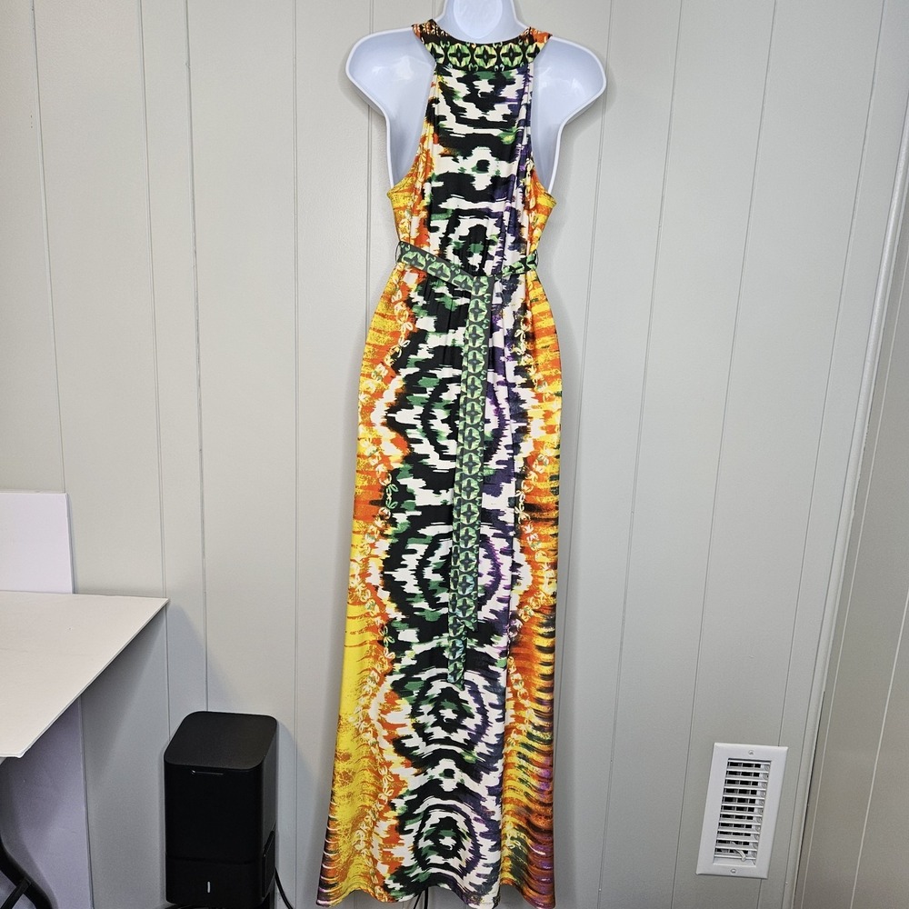 Roz & Ali Size 10 Long Dress Multicolor Ties In Back Beading At Waist Line - Picture 2 of 6